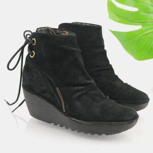 Fly London Womens Yama Boot Size 39 8 Black Suede Wedge Heel Platforn Tie Up